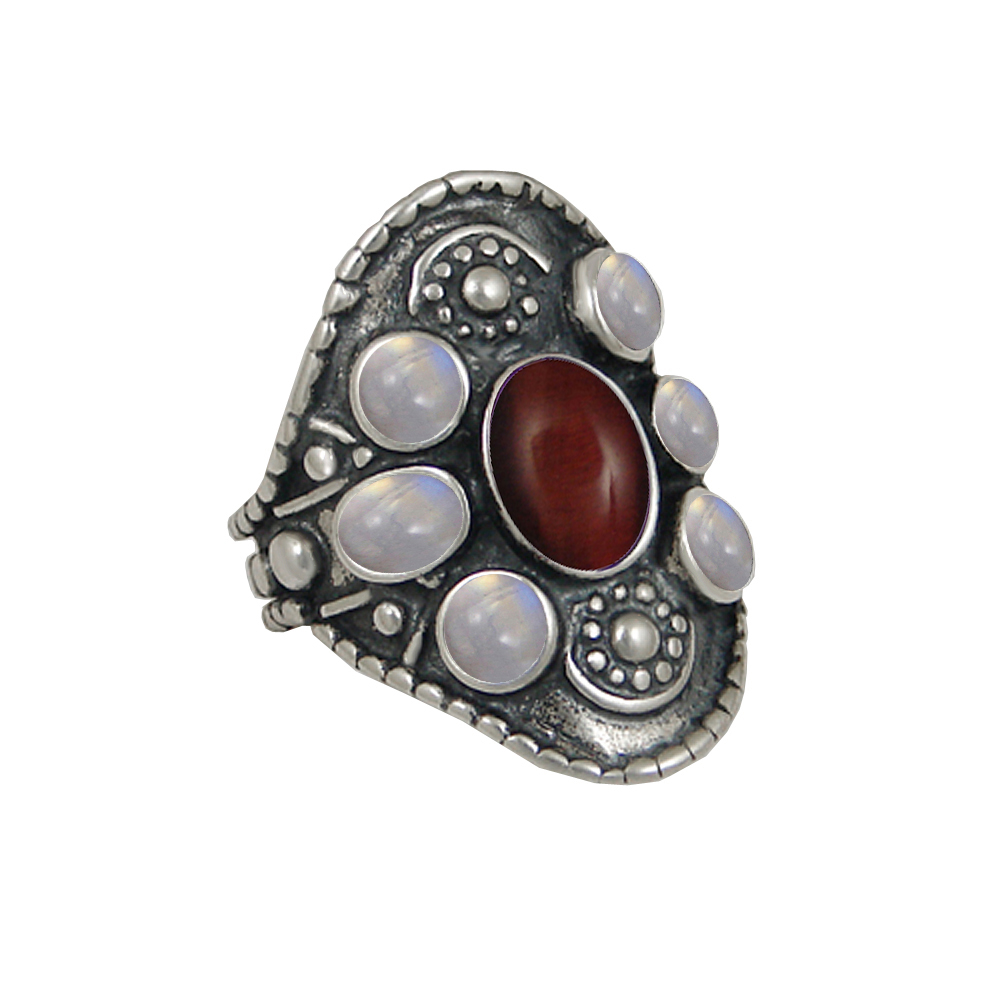 Sterling Silver High Queen's Ring With Red Tiger Eye Rainbow Moonstone Size 7